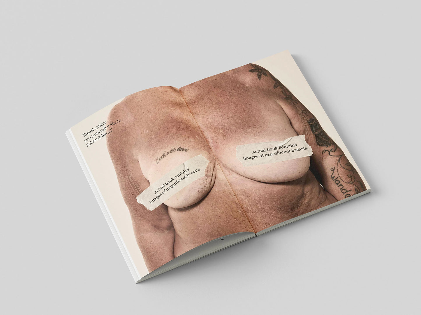The Chests book open to a full-width portrait of a bare chest with printed captions placed over the nipples