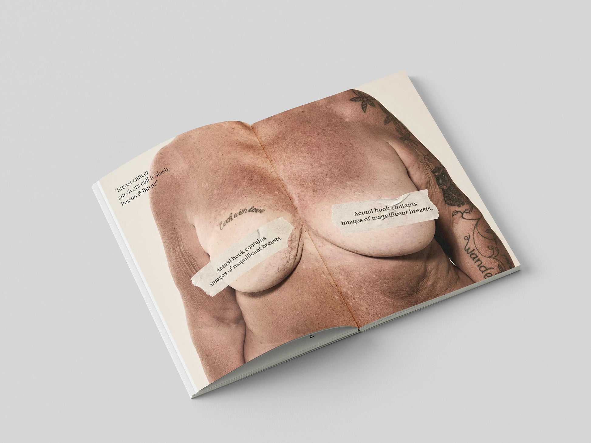The Chests book open to a full-width portrait of a bare chest with printed captions placed over the nipples