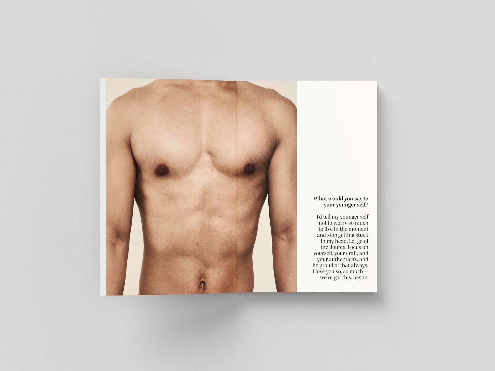 The Chests book open to a spread showing a bare chest alongside its subject's written answer